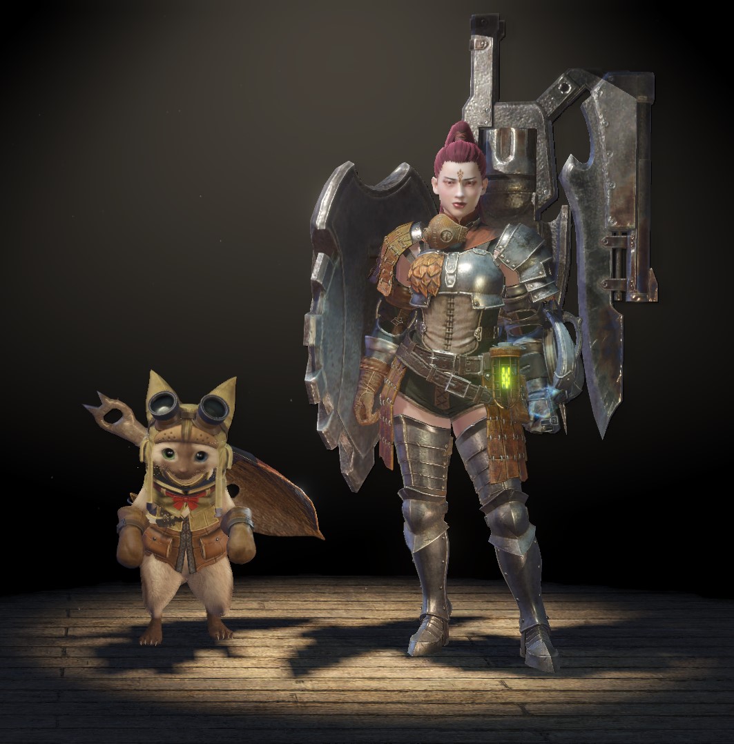 My character Vaelyon and her trusty Palico, Tiramisu!